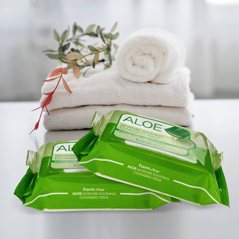 FARMSTAY Aloe Moisture Soothing Cleansing Tissue – Upokojujúce odličovacie obrúsky s aloe 3