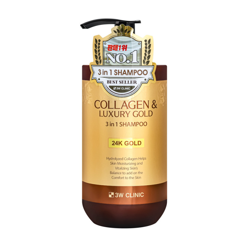 3W CLINIC Collagen & Luxury Gold 3 in 1 Shampoo – šampón na krepovité vlasy