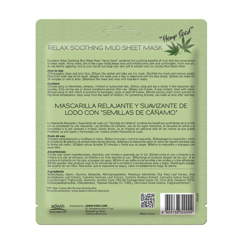 PUREDERM Relax Soothing Mud Sheet Mask HEMP SEED 1