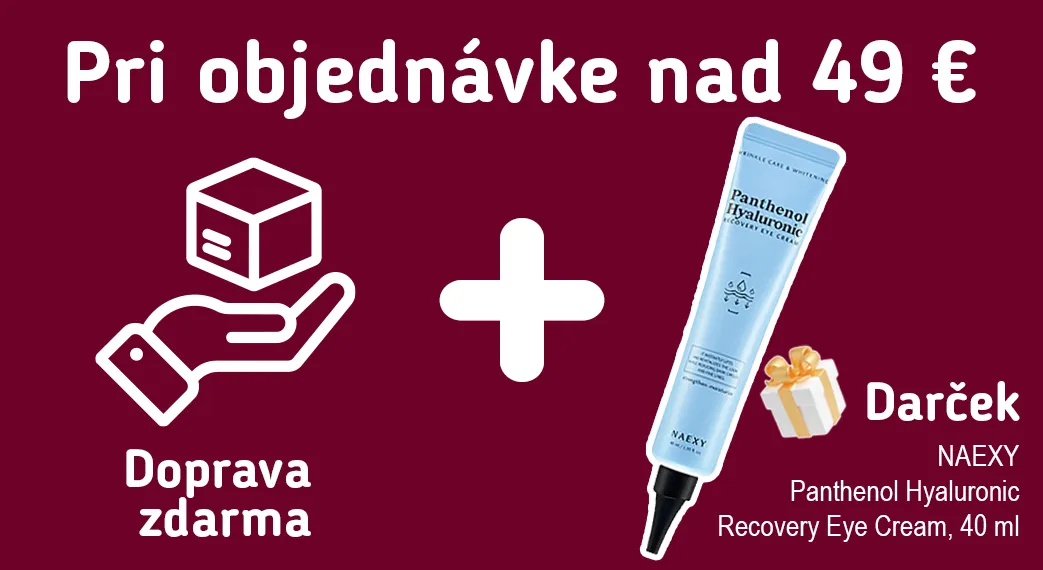 Nakúp na Kozmetikovo.sk za minimálne 49  a získaj hydratačný očný krém NAEXY Panthenol Hyaluronic Recovery Eye Cream 40 ml ako darček.   Tento očný krém intenzívne hydratuje jemnú pokožku okolo očí, pomáha zmierňovať známky únavy, rozjasňuje pohľad a prispieva k vyhladeniu jemných liniek a vrások. Vďaka obsahu pantenolu, kyseliny hyalurónovej a niacínamidu poskytuje očnému okoliu účinnú každodennú starostlivosť.  Ako získať darček   Pridaj do košíka produkty v hodnote minimálne 49 .  Po otvorení nákupného košíka sa Ti sprístupní možnosť pridať si darček k objednávke.  Stačí kliknúť na Pridať darček a dokončiť objednávku.  Dôležité Hodnota 49  sa počíta po odpočítaní všetkých zliav, zľavových kódov, darčekových poukážok a ostatných zvýhodnení.   Počet darčekov je obmedzený, preto akcia platí iba do vyčerpania zásob.