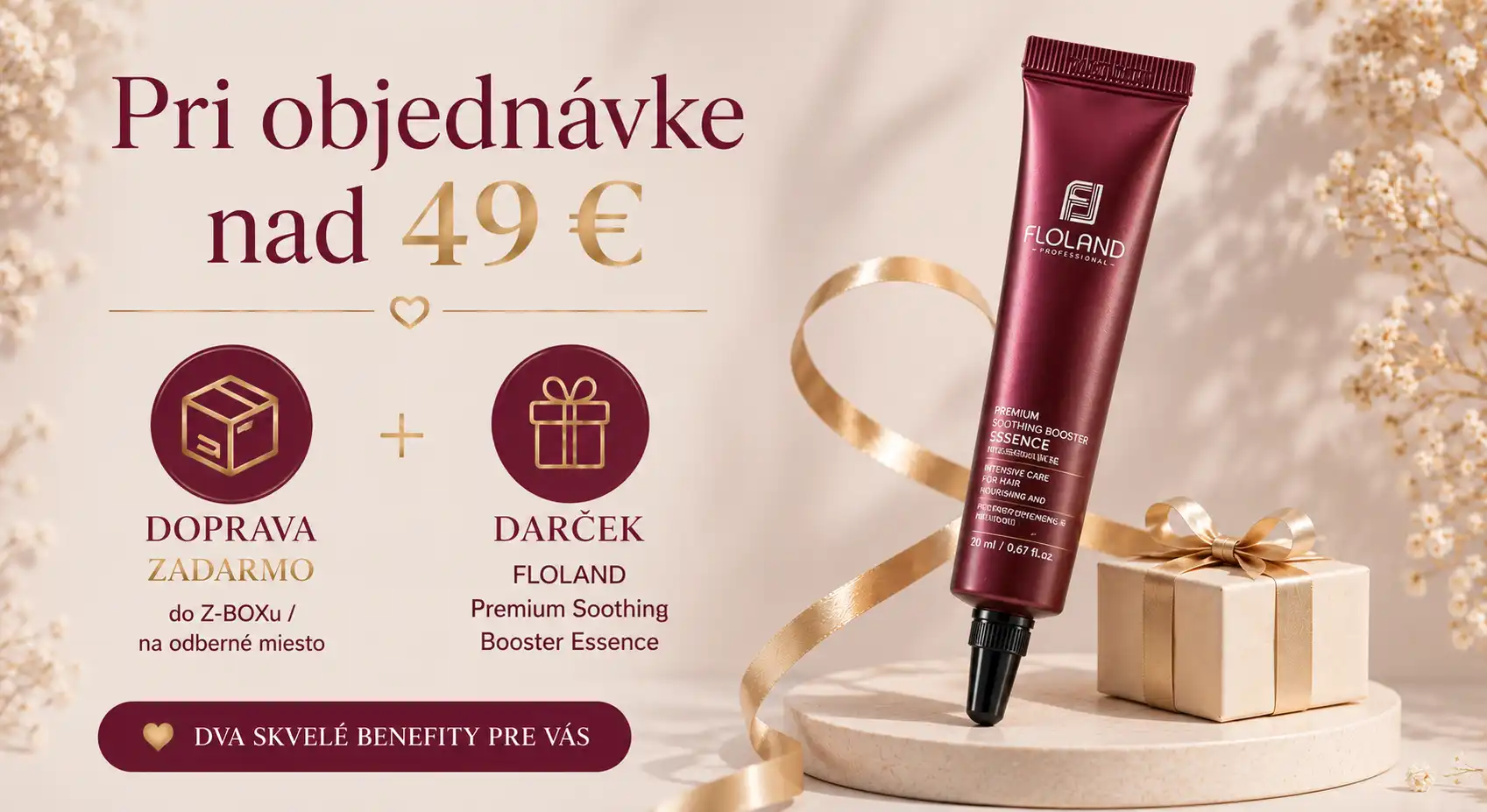 🎁 Darček k nákupu nad 49 € – FLOLAND Premium Soothing Booster Essence – posilňujúce sérum pre suché a poškodené vlasy