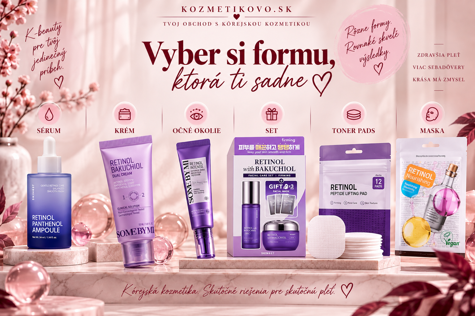 Rôzne formy retinolovej kozmetiky – sérum, krém, očný produkt a maska