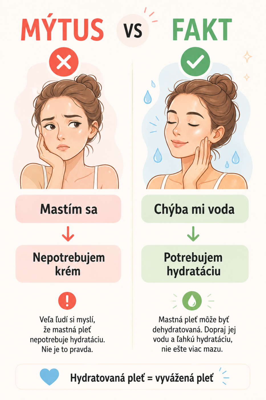 Infografika vysvetľujúca mýtus o hydratácii mastnej pleti.