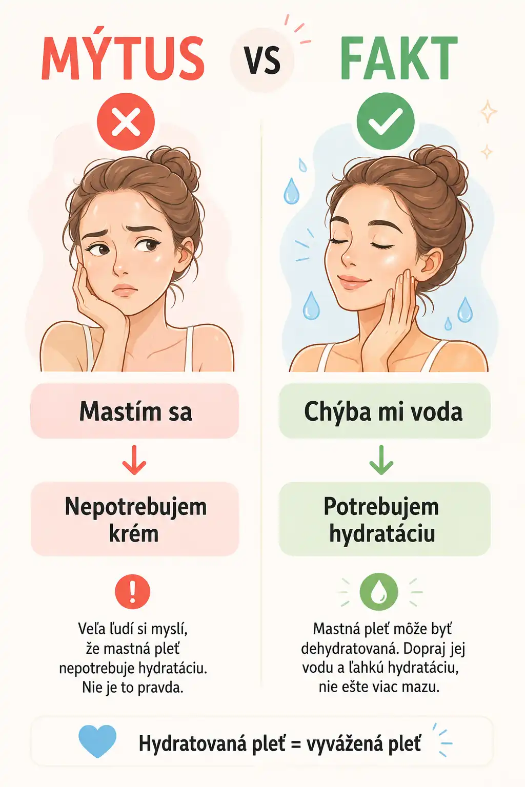 Infografika vysvetľujúca mýtus o hydratácii mastnej pleti.
