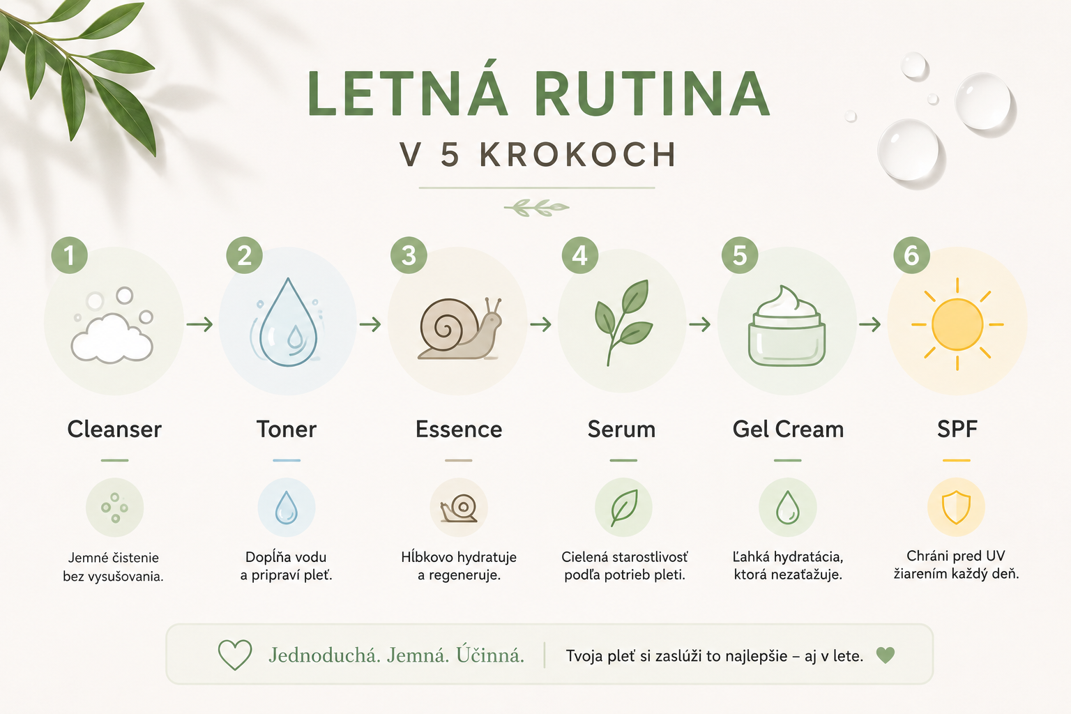 Infografika zobrazujúca správnu letnú skincare rutinu pre mastnú a dehydrovanú pleť.