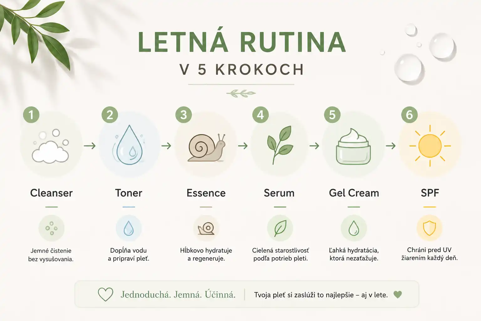 Infografika zobrazujúca správnu letnú skincare rutinu pre mastnú a dehydrovanú pleť.