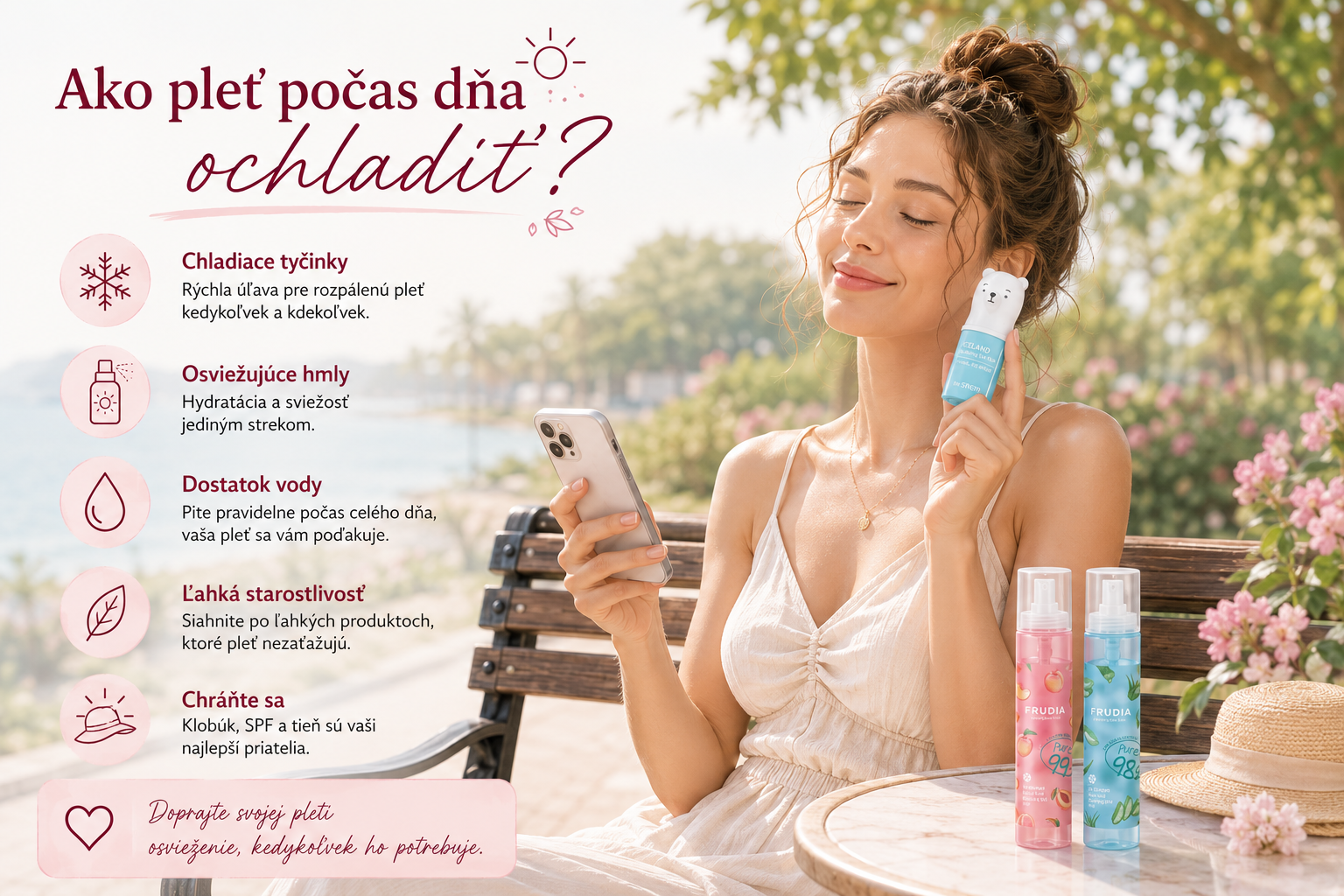 Osvieženie pleti počas horúcich dní pomocou hydratačnej hmly a chladivej tyčinky.