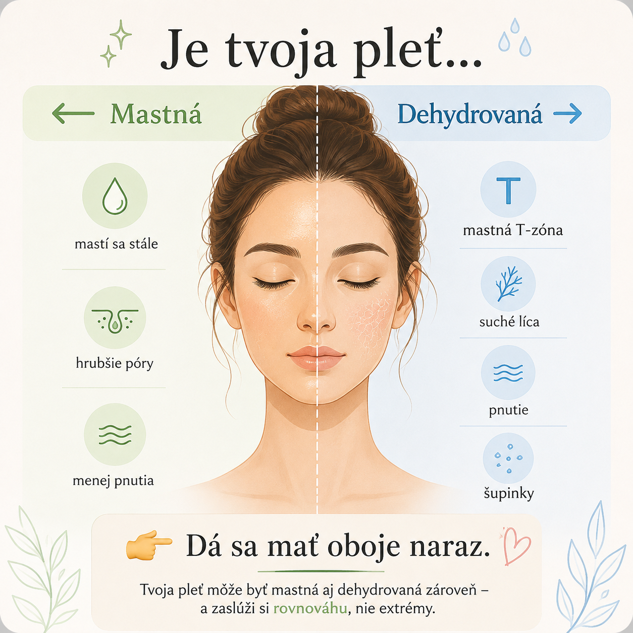 Infografika porovnávajúca mastnú a dehydrovanú pleť.