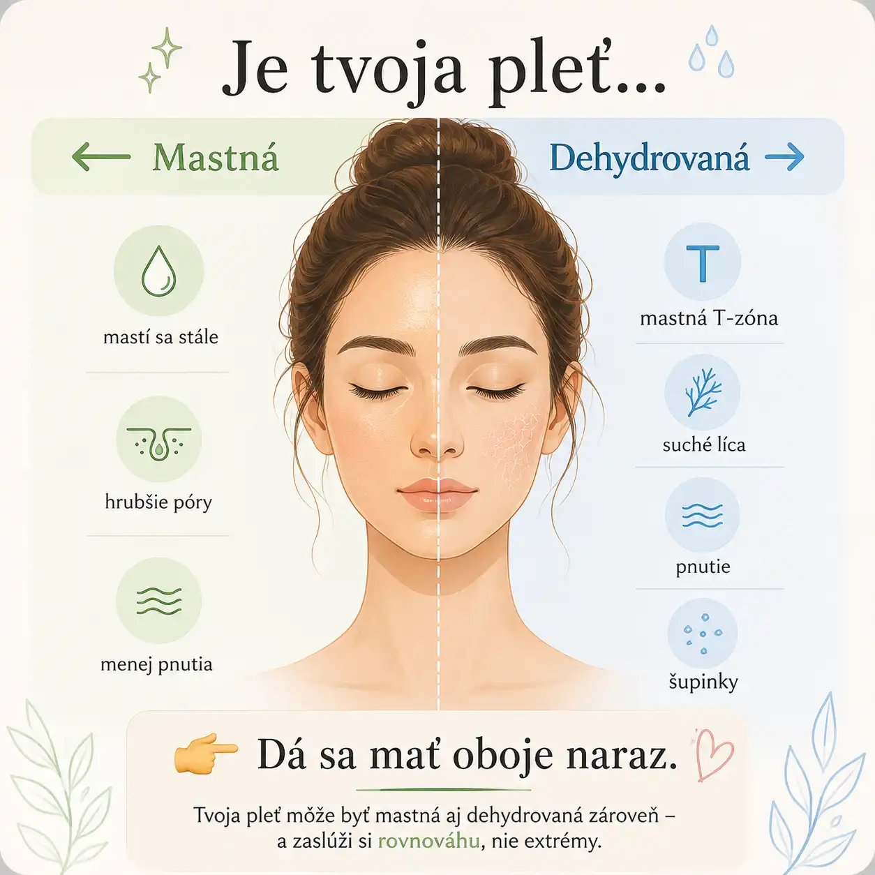Infografika porovnávajúca mastnú a dehydrovanú pleť.