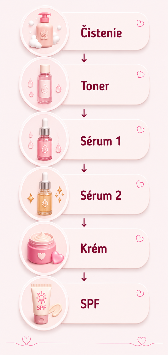 Správne poradie vrstvenia produktov v K-Beauty skincare rutine.