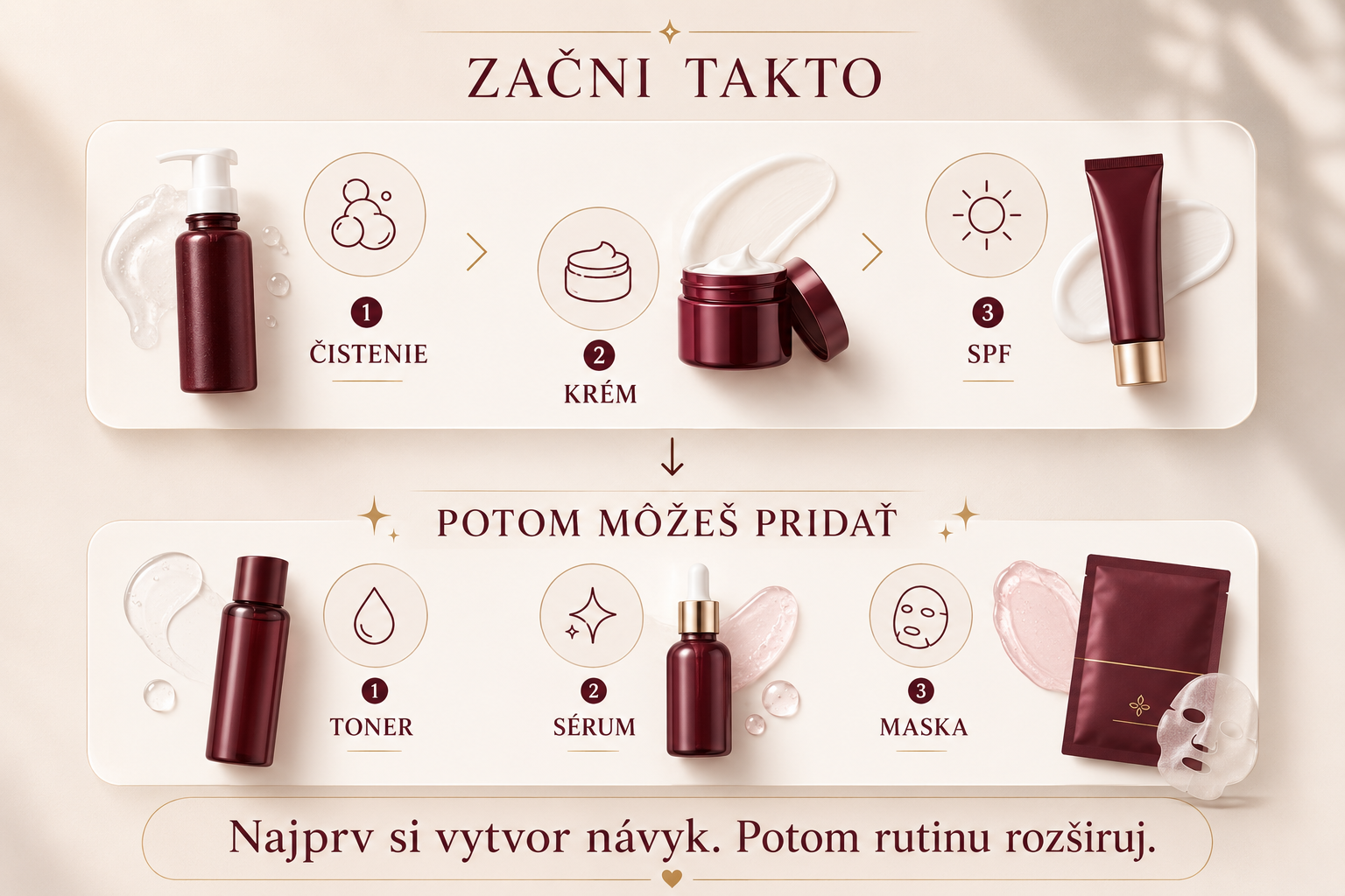 Infografika ukazujúca základnú skincare rutinu pre začiatočníkov a postupné pridávanie ďalších produktov.