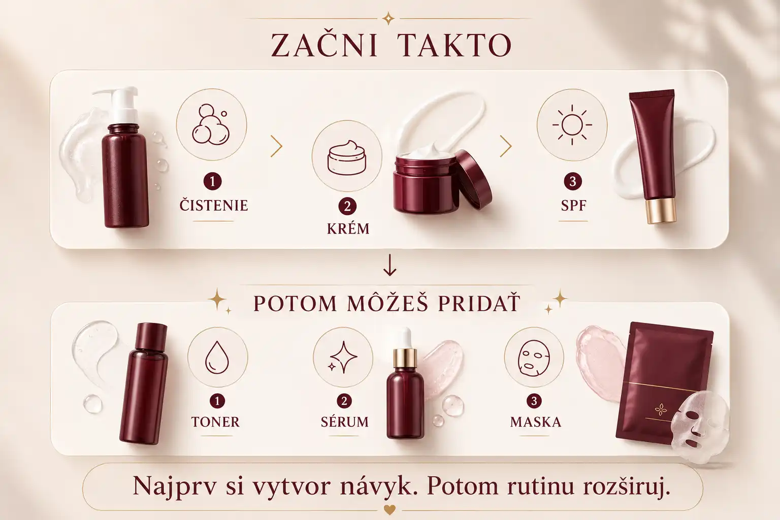 Infografika ukazujúca základnú skincare rutinu pre začiatočníkov a postupné pridávanie ďalších produktov.