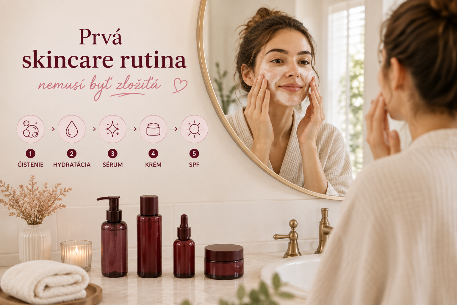 Žena si vytvára jednoduchú rannú skincare rutinu pre začiatočníkov.