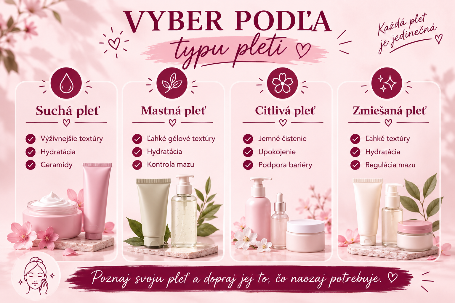 Infografika s odporúčaniami K-Beauty starostlivosti podľa typu pleti.