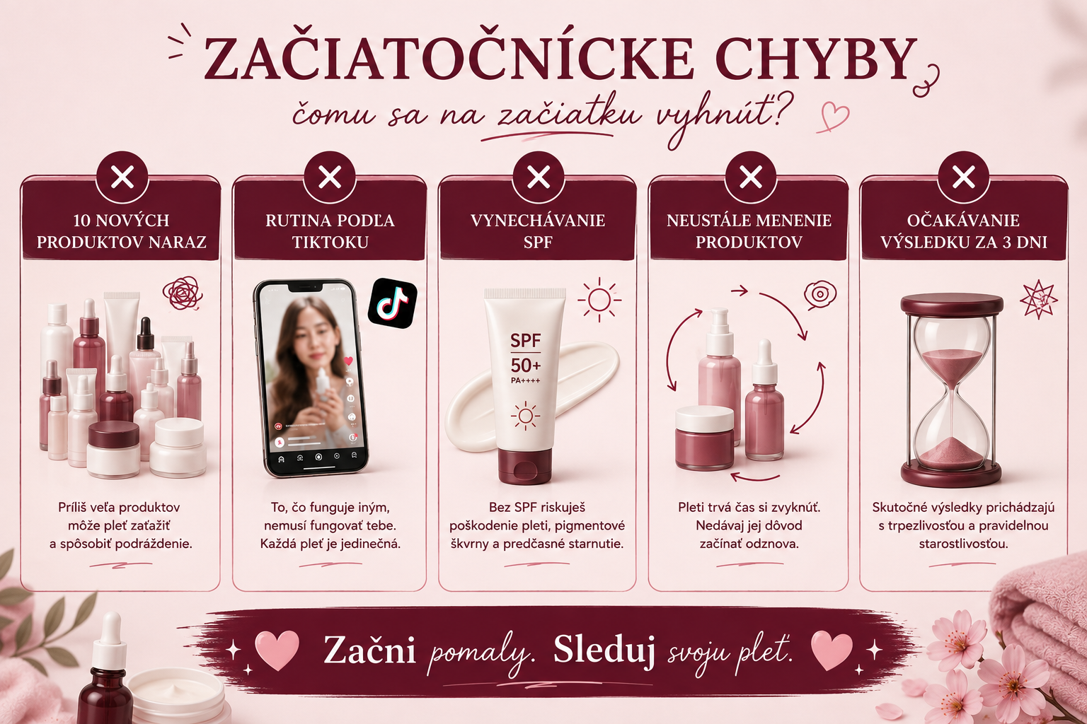 Infografika zobrazujúca najčastejšie chyby pri začiatkoch s kórejskou kozmetikou.