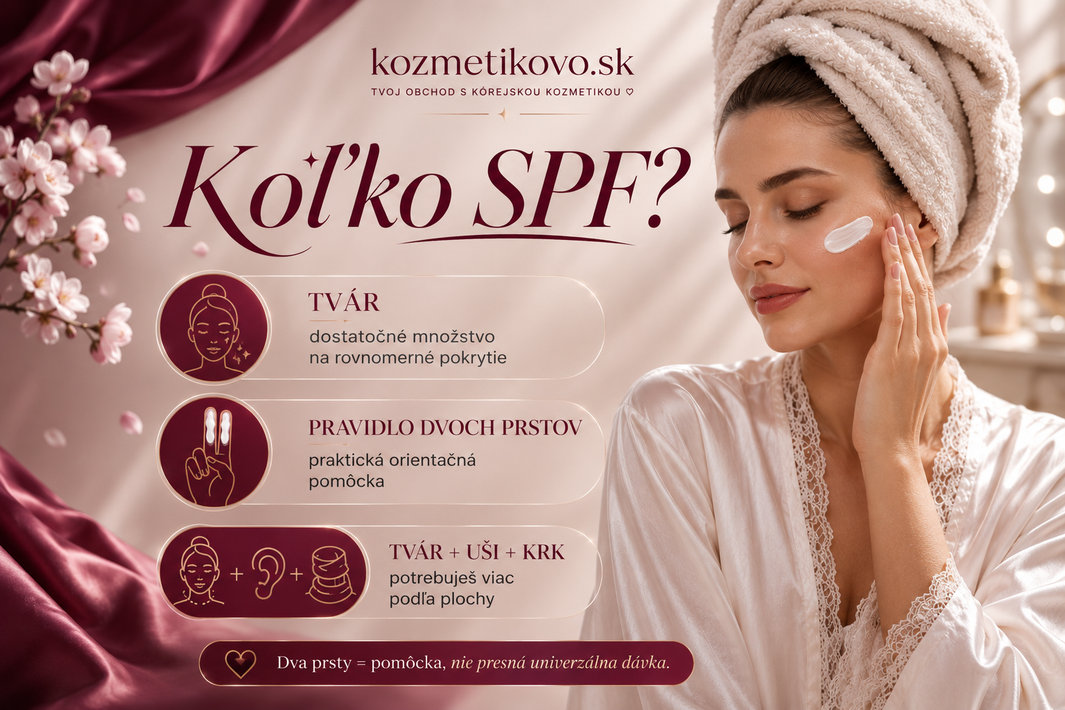 Infografika znázorňujúca odporúčané množstvo opaľovacieho krému na tvár a vysvetlenie pravidla dvoch prstov.