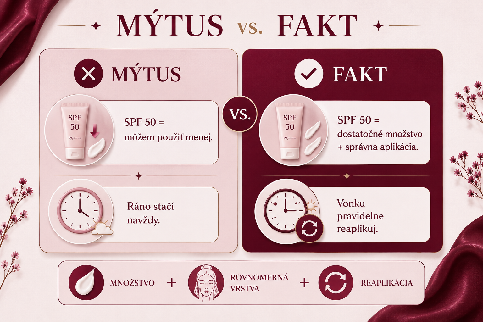 Infografika porovnávajúca najčastejšie mýty a fakty o množstve a reaplikácii SPF.