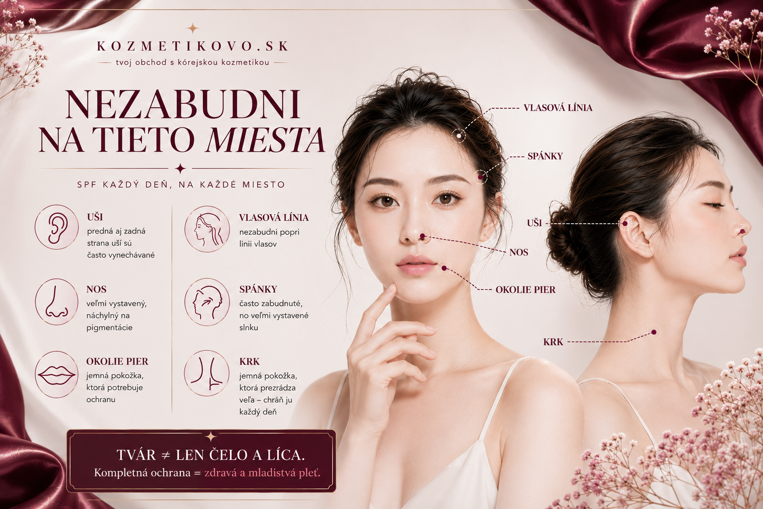 Ilustrácia tváre a krku s miestami, na ktoré sa pri aplikácii SPF často zabúda.