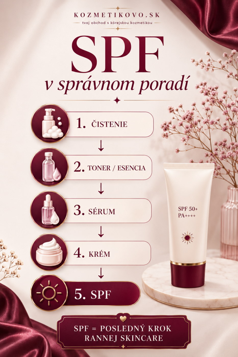 Infografika zobrazujúca správne poradie rannej skincare rutiny so SPF ako posledným krokom.