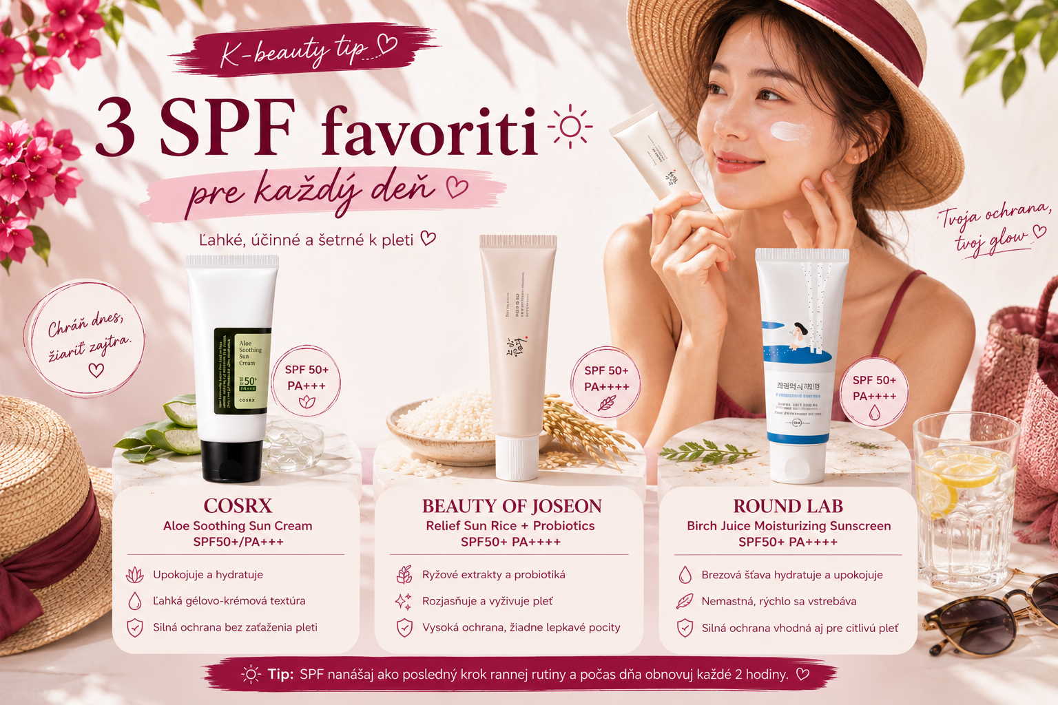 Najobľúbenejšie kórejské opaľovacie krémy SPF50+ vhodné na každodennú ochranu pleti.