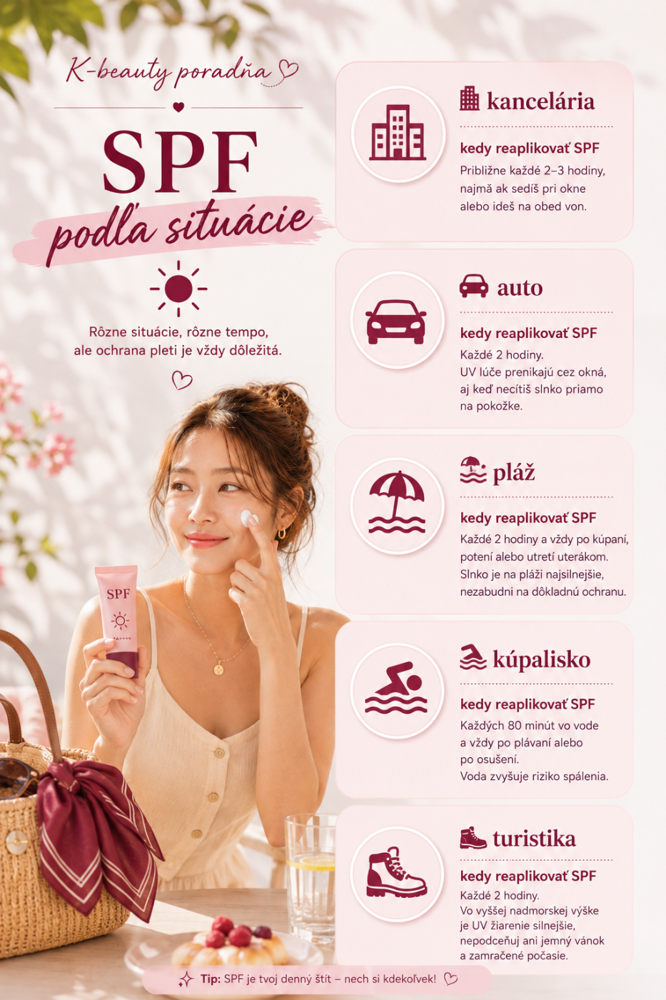 Infografika znázorňujúca frekvenciu reaplikácie SPF pri rôznych aktivitách.