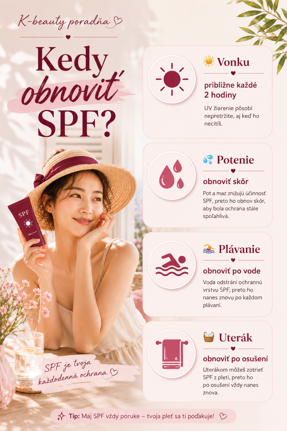 Infografika znázorňujúca, kedy počas dňa obnovovať opaľovací krém SPF.