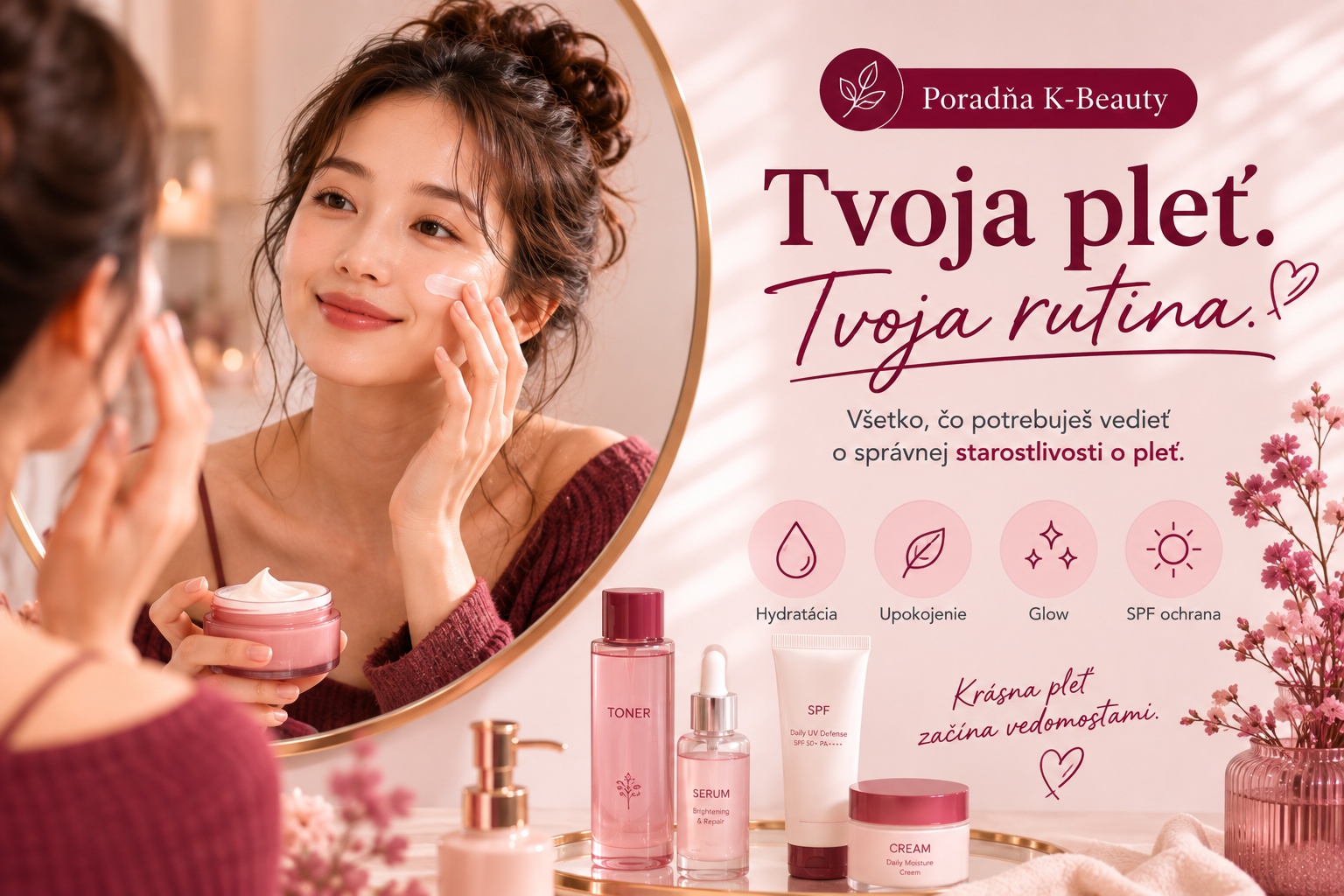 Nanášanie pleťového krému ako štvrtý krok rannej skincare rutiny.