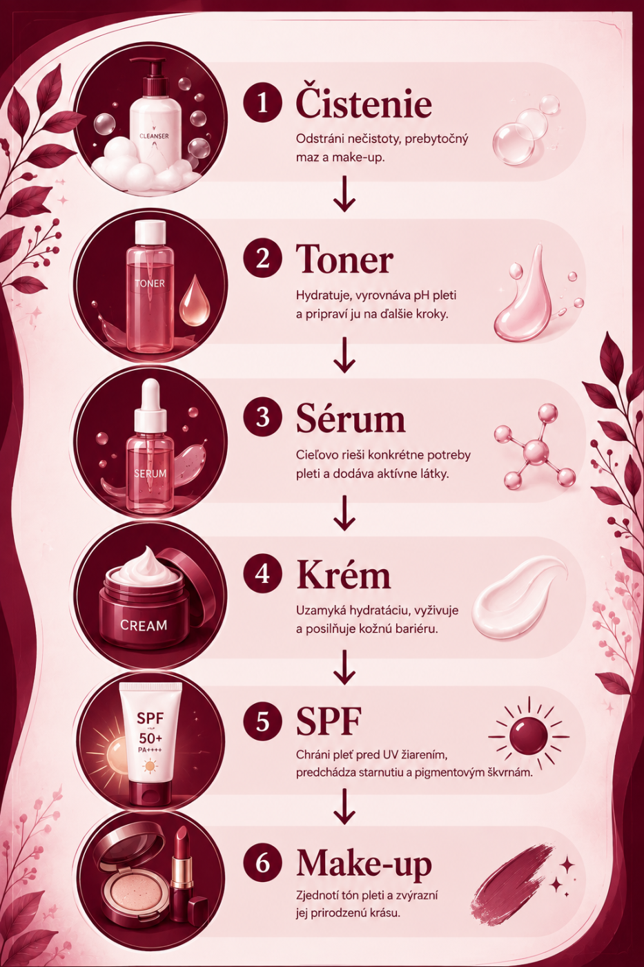 Správne poradie skincare produktov vrátane SPF.