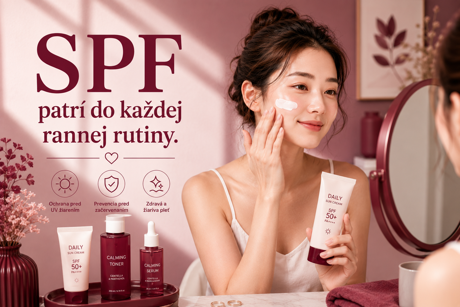 Každodenné používanie SPF ako súčasť rannej skincare rutiny.