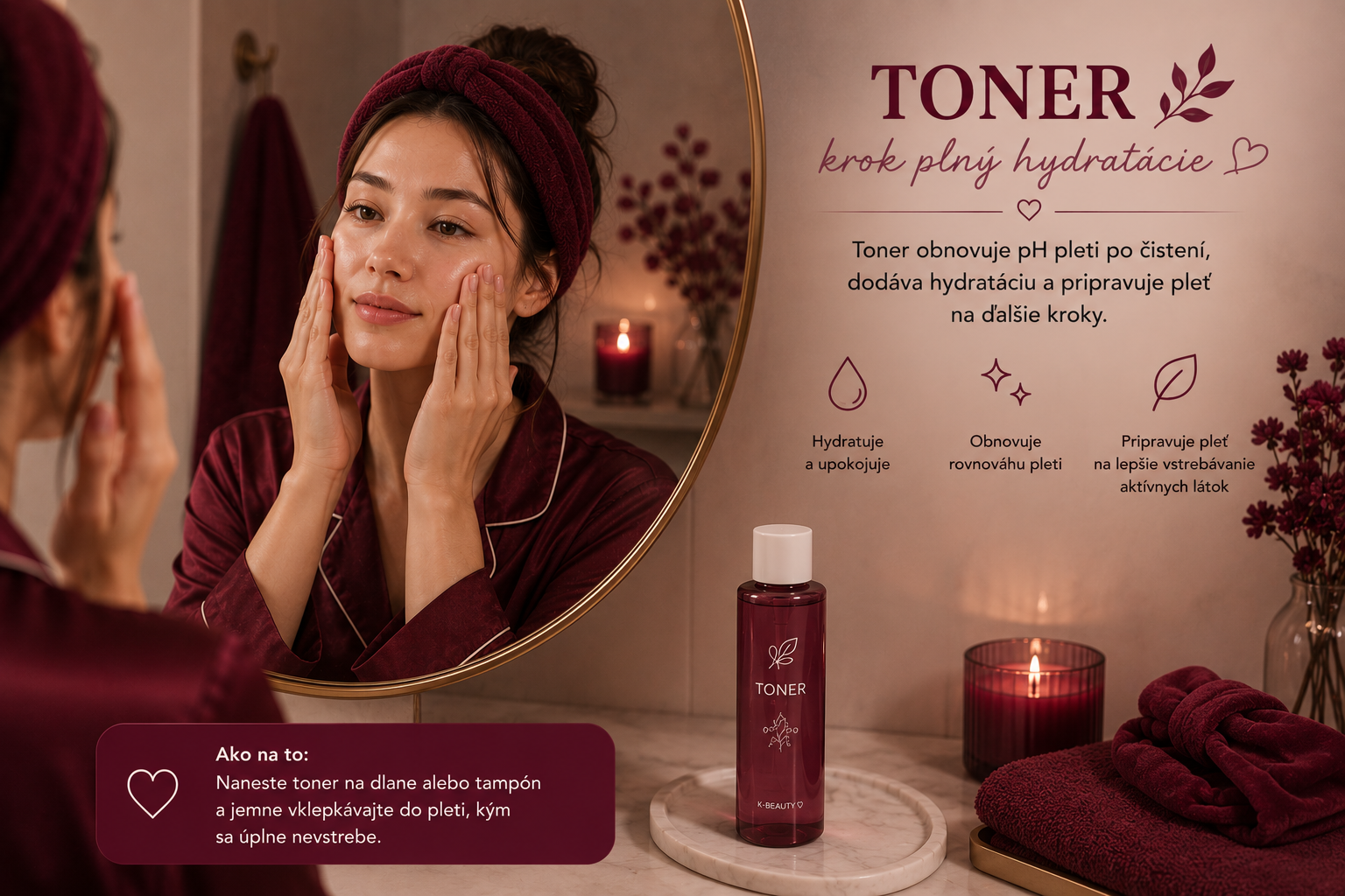 Hydratačný toner ako druhý krok večernej skincare rutiny.