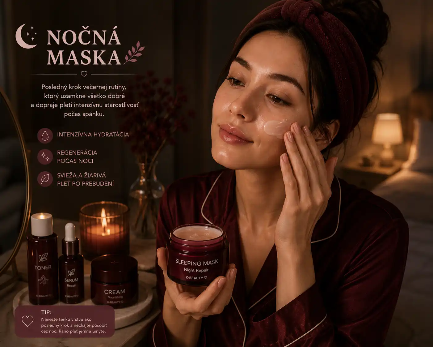 Použitie nočnej masky ako posledného kroku večernej skincare rutiny.
