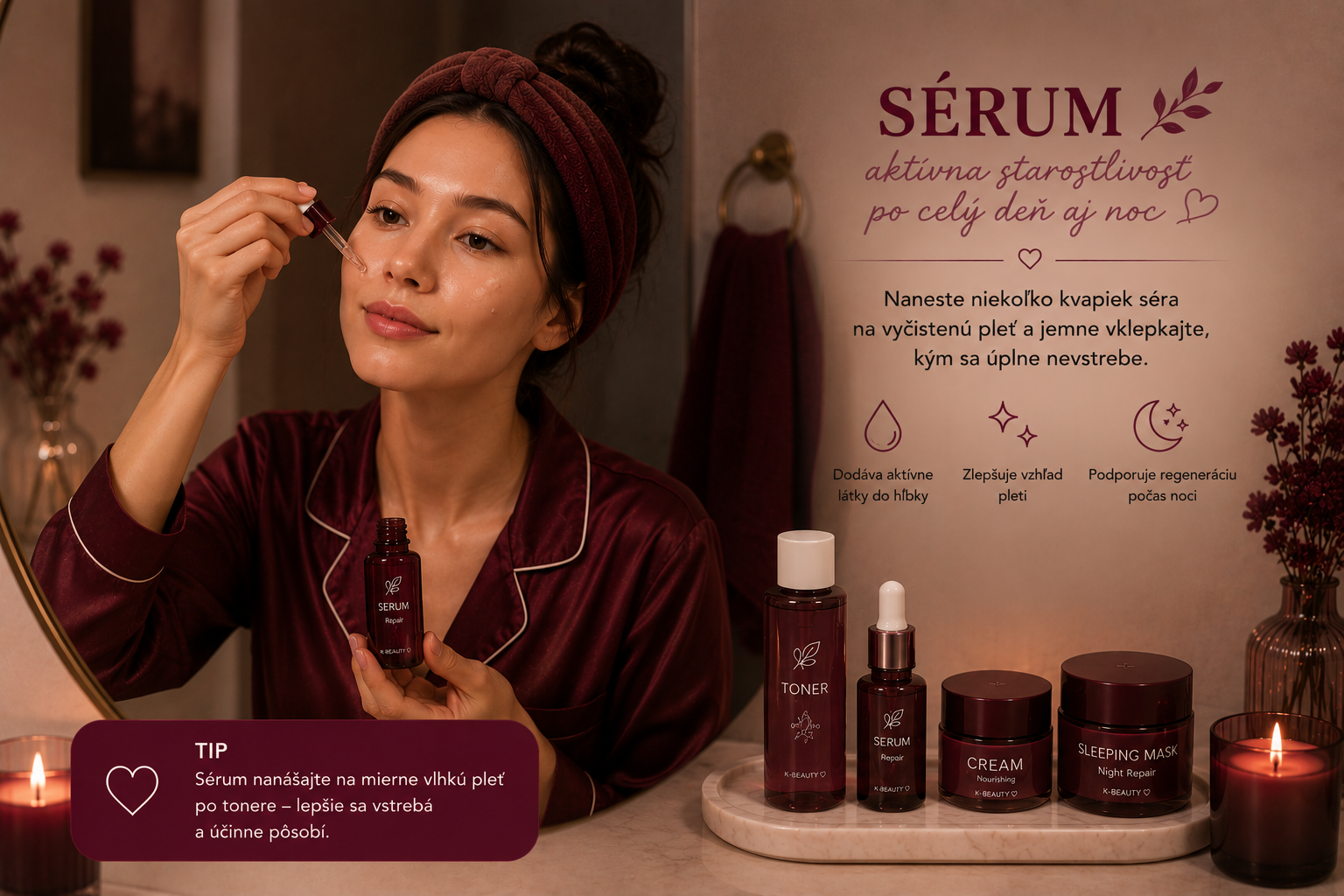 Aplikácia regeneračného séra vo večernej skincare rutine.