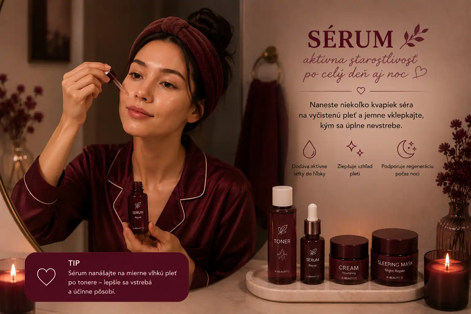 Aplikácia regeneračného séra vo večernej skincare rutine.