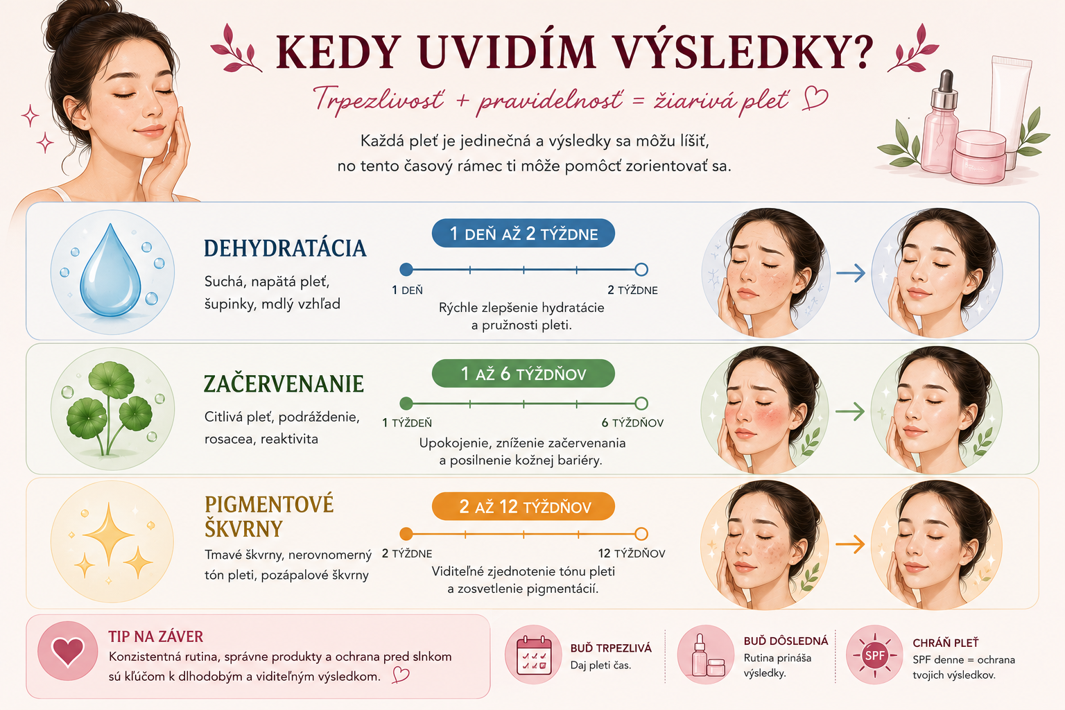 Časový prehľad výsledkov skincare podľa problému pleti.